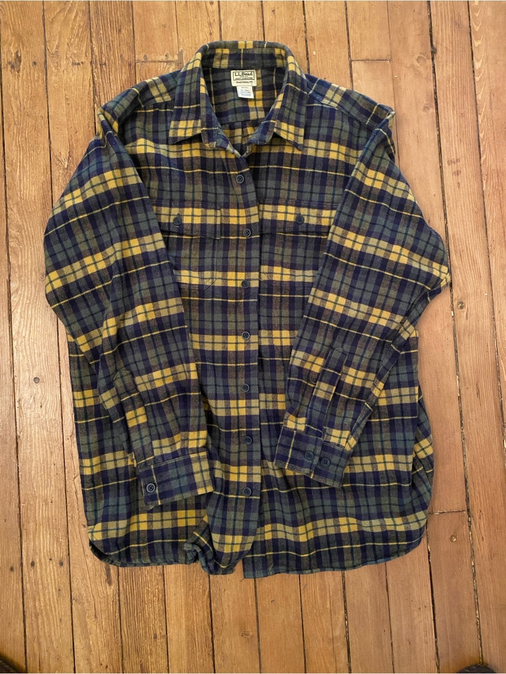 L.L. Bean Yellow & Navy Plaid chamois Flannel Shirt